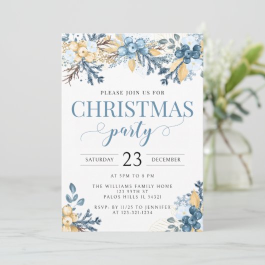 Blauwe winterbessen Kerstfeest uitnodiging (Staand voorkant)