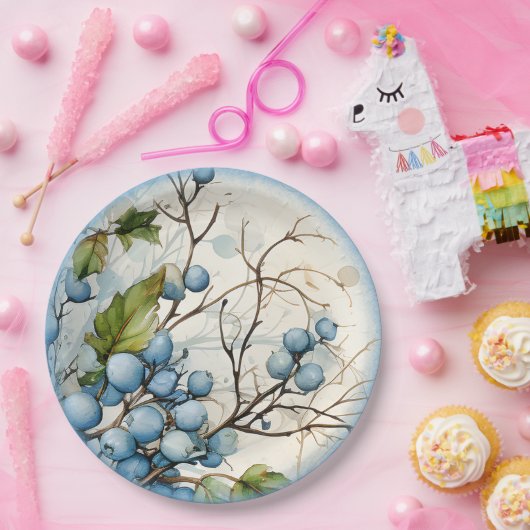 Blauwe winterbessen papieren bordje (Feest)
