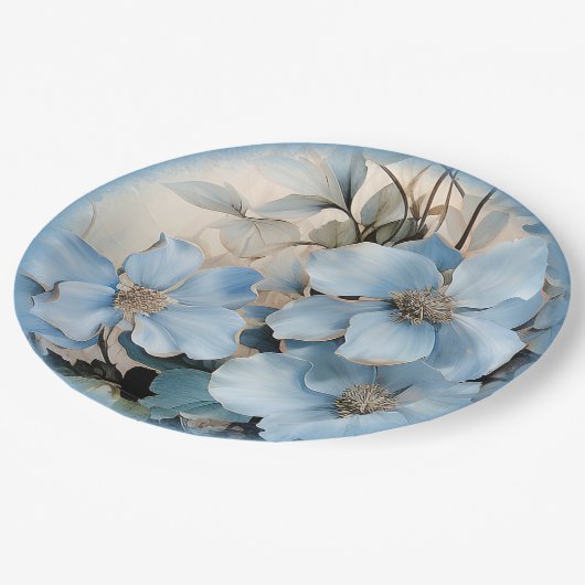 Blauwe winterbloemen papieren bordje (Gekanteld)