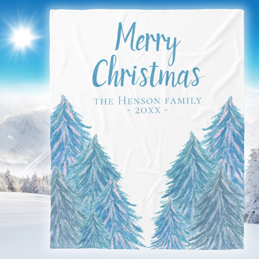 Blauwe winterbosboom Waterverf kerstmis Fleece Deken