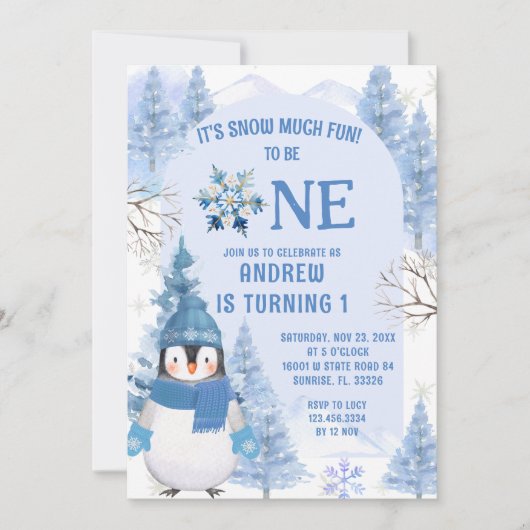 Blauwe wintersneeuw veel plezier eerste verjaardag kaart (Voorkant)