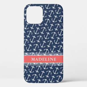 Blauwe witte anchor Pattern Coral Name iPhone 12 Hoesje