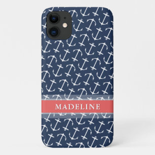 Blauwe witte anchor Pattern Coral Name iPhone 11 Hoesje