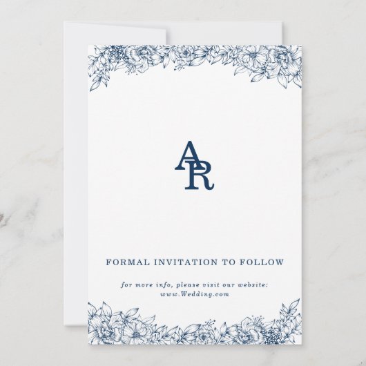 Blauwe Witte Bloem Elegant Eenvoudig Save The Date (Achterkant)