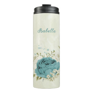 Blauwe witte bloemen groen bruiloft thermosbeker