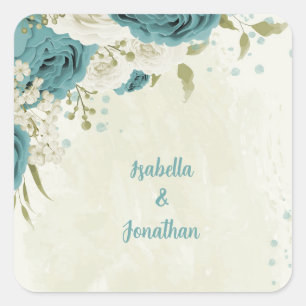 Blauwe witte bloemen groen bruiloft vierkante sticker