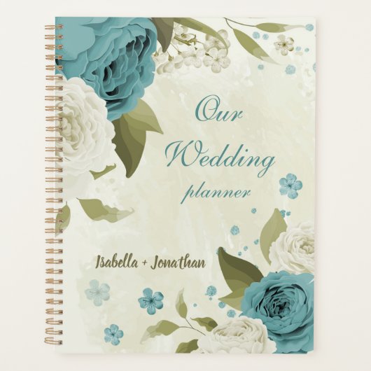 blauwe witte bloemen groen trouwen planner (Voorkant)