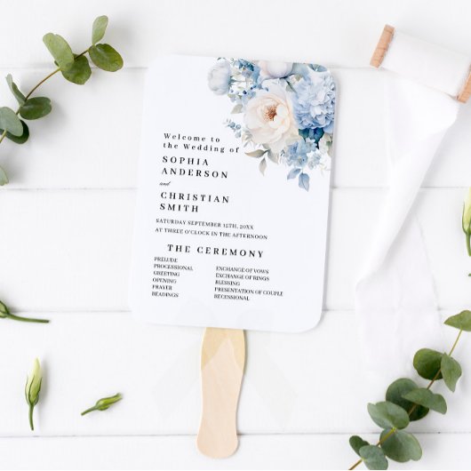 Blauwe & Witte Bloemen Trouwprogramma Handwaaier