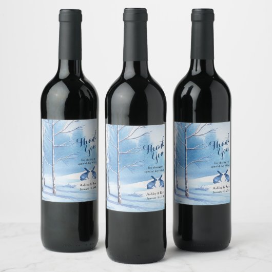 Blauwe witte bomen konijn winter bruiloft dank u wijn etiket (Flessen)