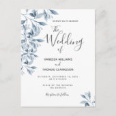 Blauwe witte botanische scripttrouwuitnodiging briefkaart (Voorkant)