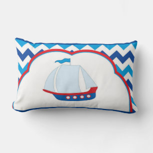 Blauwe witte Chevron Achtergrond Blauwe Zeilschip Kussen
