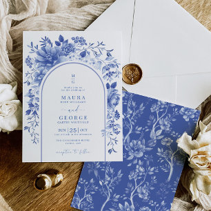 Blauwe witte Chinoiserie Floral Garden Wedding Kaart