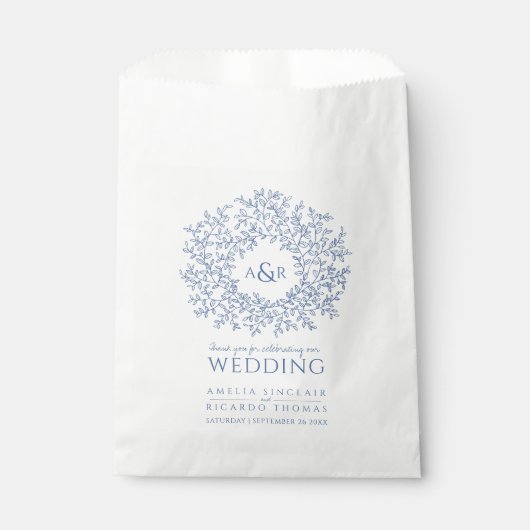Blauwe witte cirkel bladtekenmonogram bruiloft bedankzakje (Voorkant)