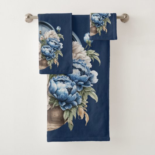 Blauwe, witte en beige  Peony-handdoekset Bad Handdoek (Insitu)