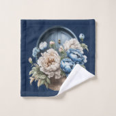 Blauwe, witte en beige  Peony-handdoekset Bad Handdoek (Wasdoekje)