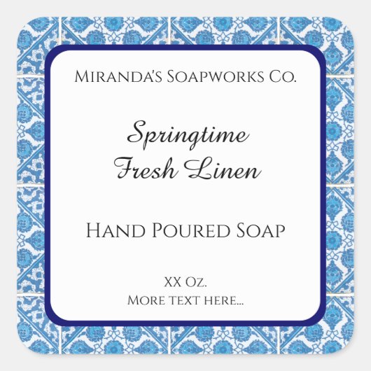 Blauwe witte fijne kornbloem bewerkbare zeepsticke vierkante sticker (Voorkant)