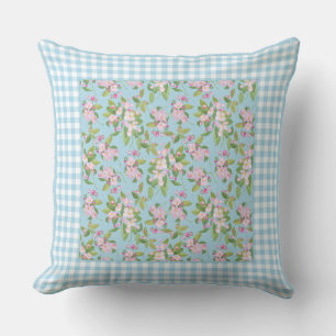 Blauwe witte gingham, roze appelbloesem op blauw kussen