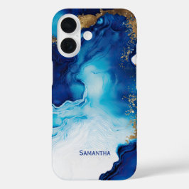 Blauwe witte goudmarmer iPhone 16 hoesje