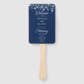 Blauwe & Witte Hangende Lichten Huwelijksprogramma Handwaaier (Voorkant)