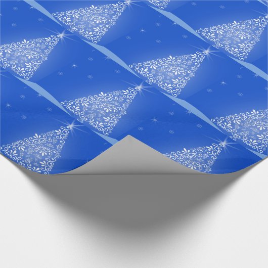 Blauwe witte kerstaven met kerstboomsterren Night Cadeaupapier (Hoek)