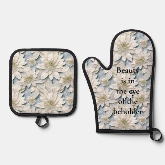 Blauwe witte lotusbloemen ovenwant & pannenlap set (Voorkant)