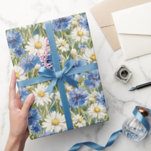 Blauwe Witte Madeliefjes Bloemen Verjaardag Cadeaupapier