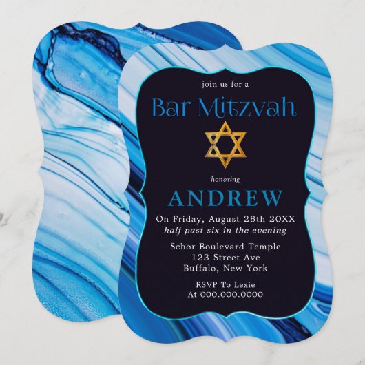 Blauwe witte marmer Mitzvah ster van David Kaart (Voorkant / Achterkant)