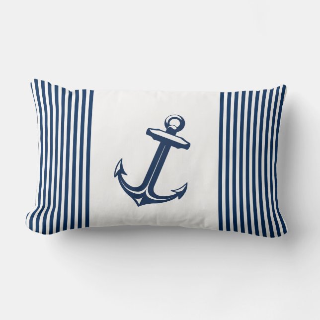 Blauwe witte Nautical Anchor Stripes Kussen (Voorkant)
