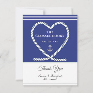 Blauwe witte neuskabel Heart Anchor Wedding Bedankkaart