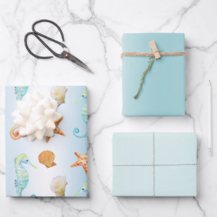 Blauwe witte ombre schelpen zeepaardzeester inpakpapier vel
