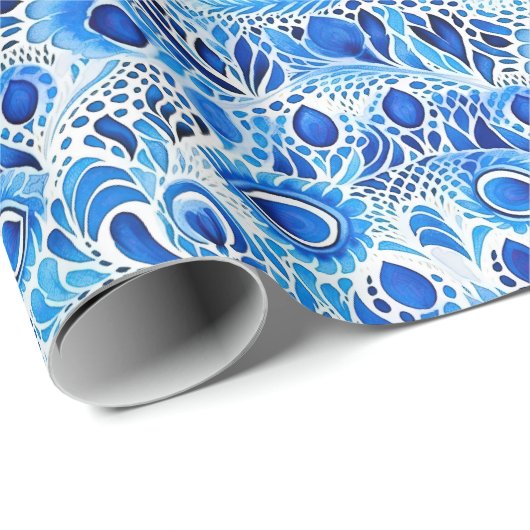Blauwe witte pauwenveren cadeaupapier (Rol Hoek)