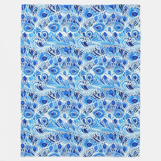 Blauwe witte pauwenveren fleece deken (Voorkant)