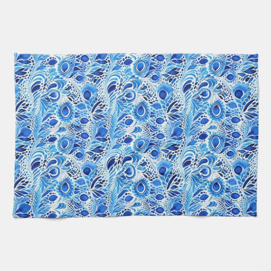 Blauwe witte pauwenveren theedoek (Horizontaal)