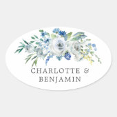Blauwe Witte Pioen Bloemen Aangepaste Tuin Bruilof Ovale Sticker (Voorkant)