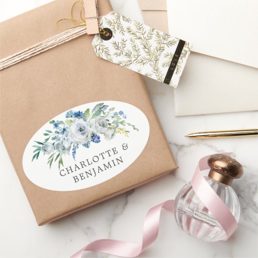 Blauwe Witte Pioen Bloemen Aangepaste Tuin Bruilof Ovale Sticker (Geschenken)