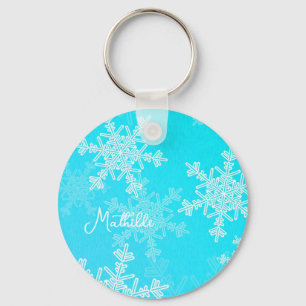 Blauwe witte sneeuwvlokken Minimalistische kerstna Sleutelhanger