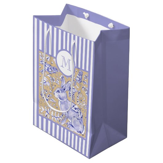Blauwe witte streep Tan Rabbit Bird Monogram Medium Cadeauzakje (Voorkant Gekanteld)