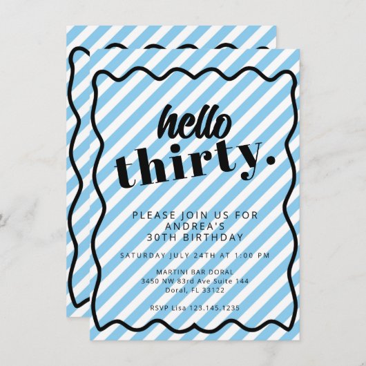 Blauwe witte strepen 30e verjaardag kaart (Voorkant / Achterkant)