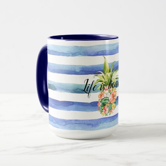 Blauwe witte strepen tropische sinaasappel mok (Voorkant links)