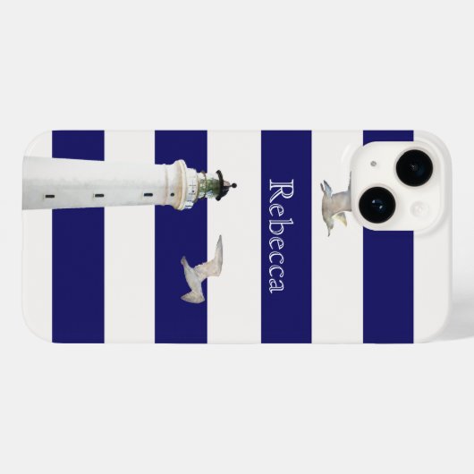 Blauwe witte strepen vuurtoren naam Case-Mate iPhone case (Achterkant (horizontaal))