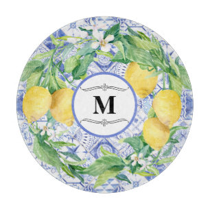 Blauwe witte Tegel Lemon Wreate Farmhouse Art Snijplank
