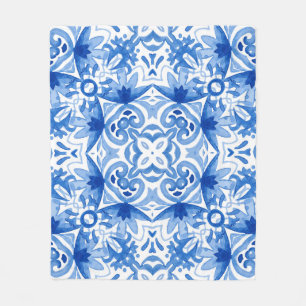 Blauwe witte tegel, waterverf naadloos patroon. fleece deken