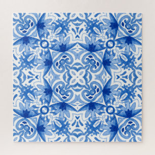 Blauwe witte tegel, waterverf naadloos patroon. legpuzzel