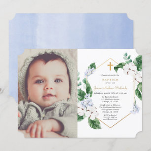 Blauwe witte veer bloemen goudjongen baptisfoto kaart