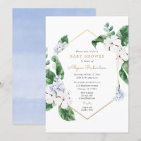 Blauwe witte veer floralen goudjongen baby shower