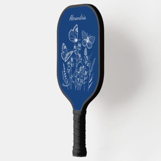 Blauwe & Witte Vlinders in Wildbloemen Monogram Pickleball Paddle (Links)