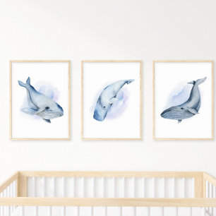 Blauwe witte Waterverf Baleen Humpback Whale Poster