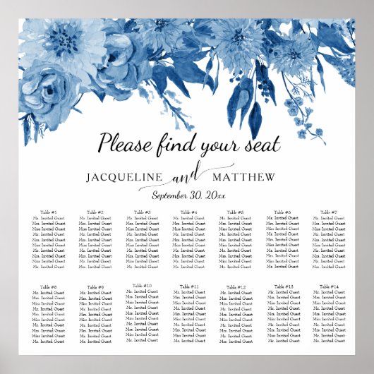 Blauwe witte Waterverf Floral Wedding Seating Char Poster (Voorkant)