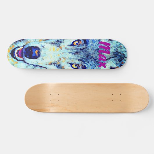 Blauwe witte Waterverf Snowy Winter Wolf Skateboard (Horizontaal)
