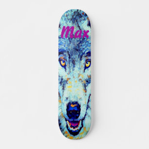 Blauwe witte Waterverf Snowy Winter Wolf Skateboard